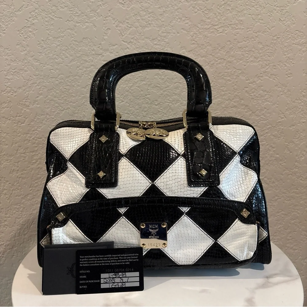 MCM Black and White Checker Satchel